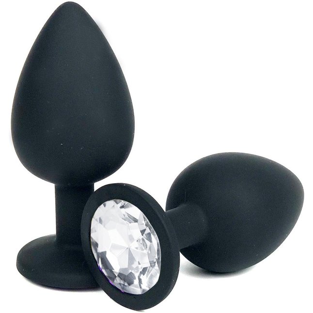 Черная силиконовая анальная пробка с прозрачным стразом - 8 см