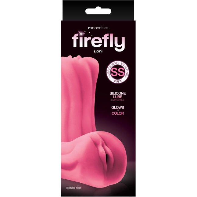 Розовый, светящийся в темноте мастурбатор-вагина из мягкого силикона Yoni - Firefly. Фотография 2.