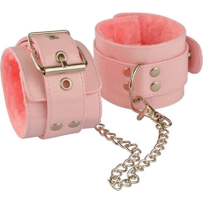 Нежно-розовые лаковые оковы с меховой отделкой - BDSM accessories