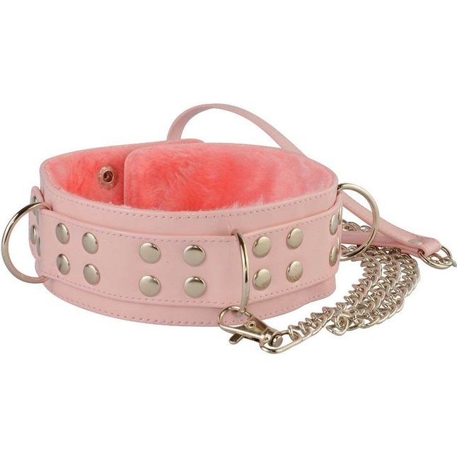 Нежно-розовый лаковый ошейник с заклепками и цепочкой - BDSM accessories