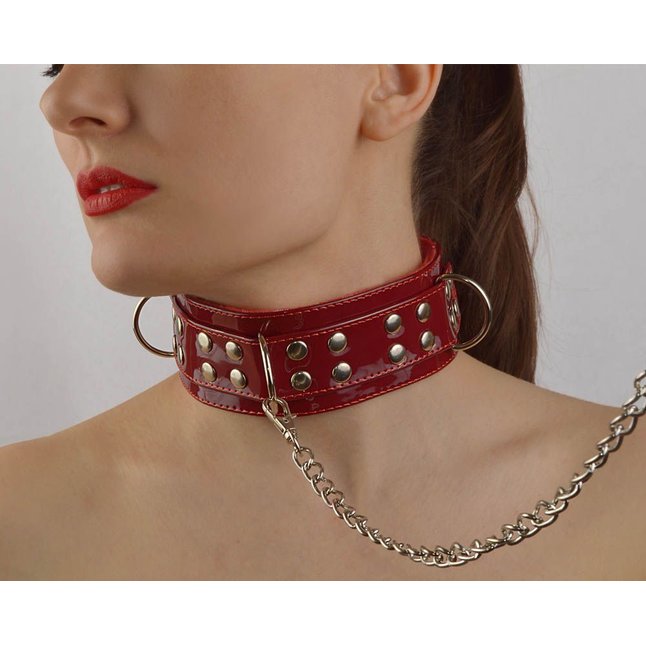Бордовый лаковый ошейник с меховой подкладкой - BDSM accessories