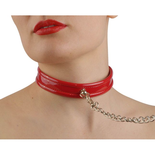 Красный лаковый узкий ошейник с металлическим поводком - BDSM accessories