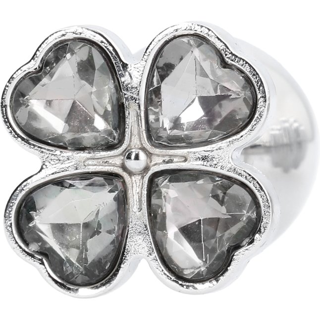 Серебристая анальная пробка с прозрачными кристаллами в форме клевера - 9,5 см - Rich. Фотография 2.