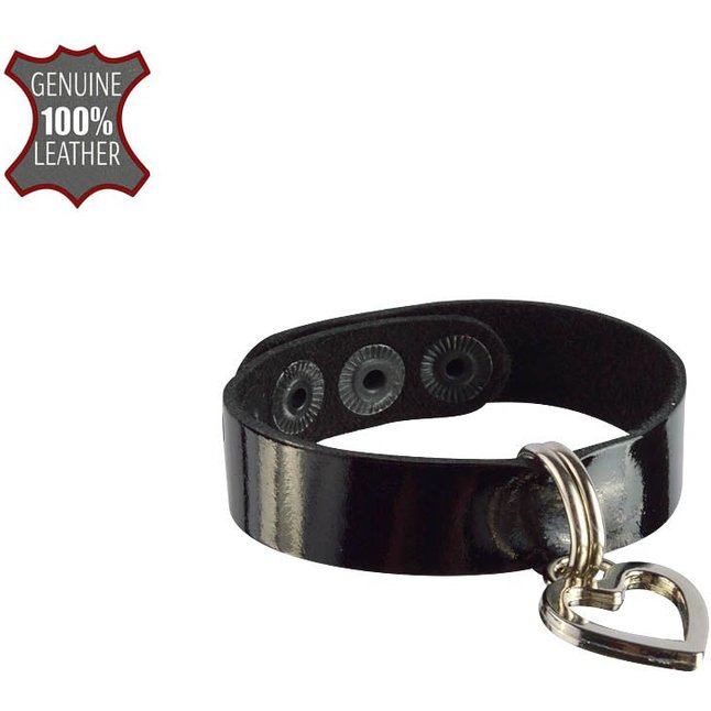 Черный браслет из лаковой кожи с сердечком-подвеской - BDSM accessories
