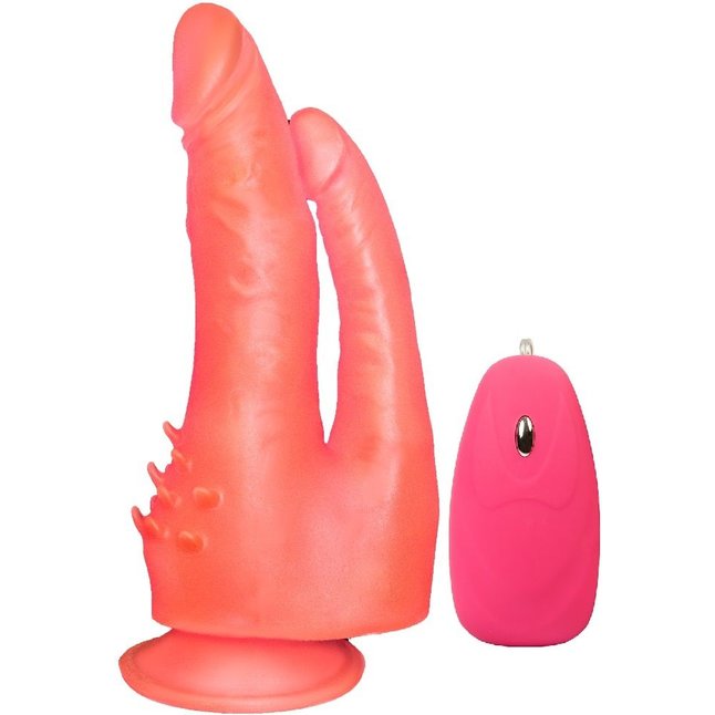 Розовый анально-вагинальный вибромассажёр с проводным пультом - 17 см. Фотография 3.