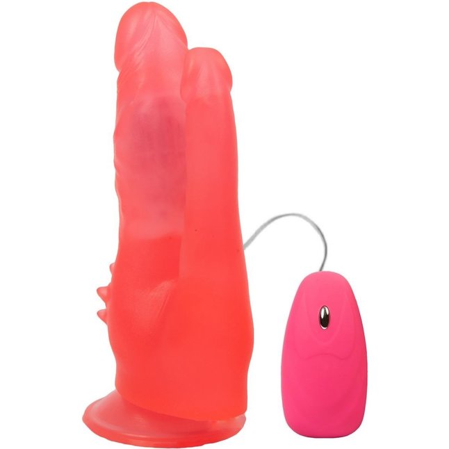 Розовый анально-вагинальный вибромассажёр с проводным пультом - 17 см