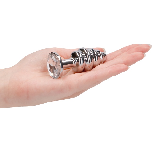Серебристая анальная пробка с прозрачным кристаллом Ribbed Diamond Plug - 7,3 см - Rich. Фотография 3.