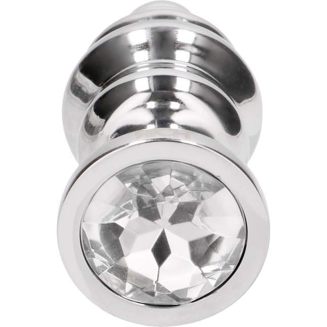 Серебристая анальная пробка с прозрачным кристаллом Ribbed Diamond Plug - 7,3 см - Rich. Фотография 6.