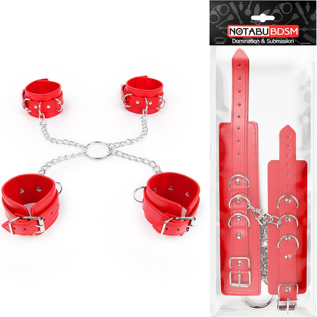 Комплект красных наручников и оков на металлических креплениях с кольцом. Фотография 2.