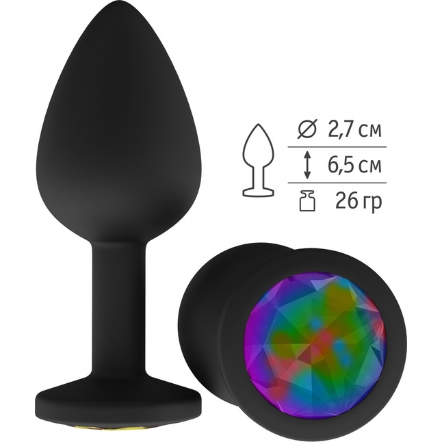 Чёрная анальная втулка с разноцветным кристаллом - 7,3 см. - Анальные втулки с кристаллом
