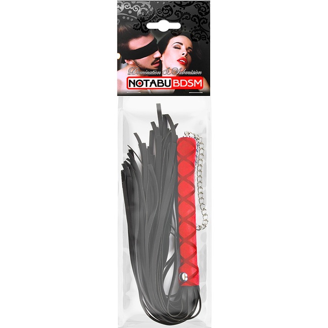 Черная многохвостая плеть-флоггер с красной ручкой - 40 см. Фотография 3.