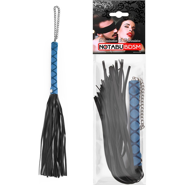 Черная многохвостая плеть-флоггер с синей ручкой - 40 см. Фотография 2.