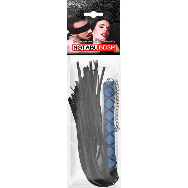 Черная многохвостая плеть-флоггер с синей ручкой - 40 см. Фотография 3.