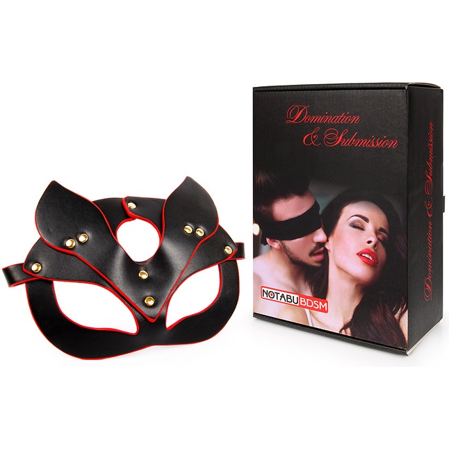 Черно-красная игровая маска с ушками. Фотография 4.