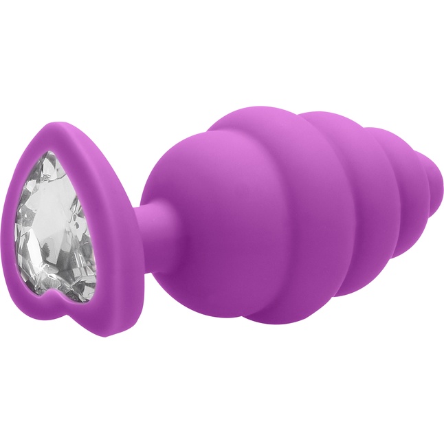Фиолетовая анальная пробка Large Ribbed Diamond Heart Plug - 8 см - Ouch!. Фотография 2.