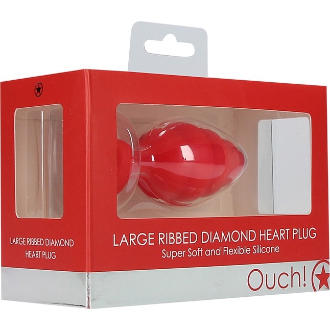 Красная анальная пробка Large Ribbed Diamond Heart Plug - 8 см - Ouch!. Фотография 6.