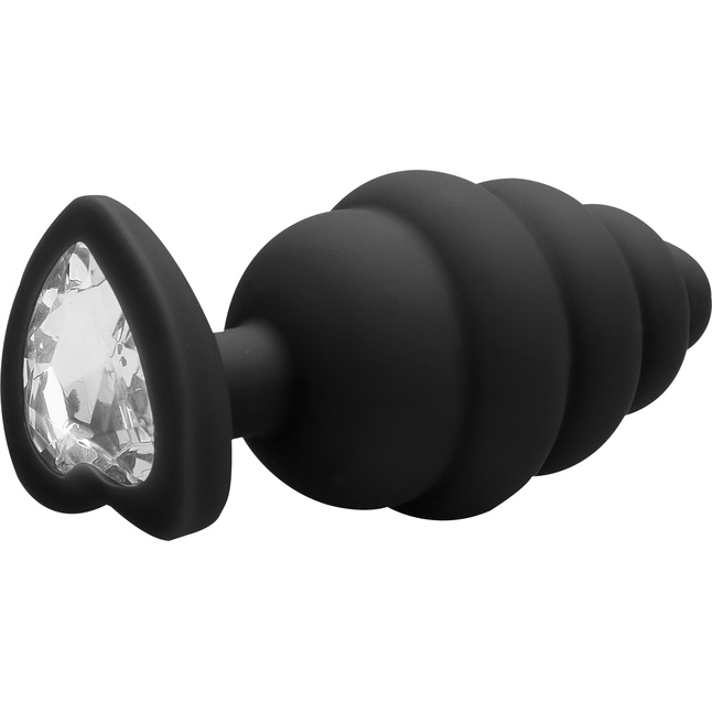 Черная анальная пробка Extra Large Ribbed Diamond Heart Plug - 9,6 см - Ouch!. Фотография 2.