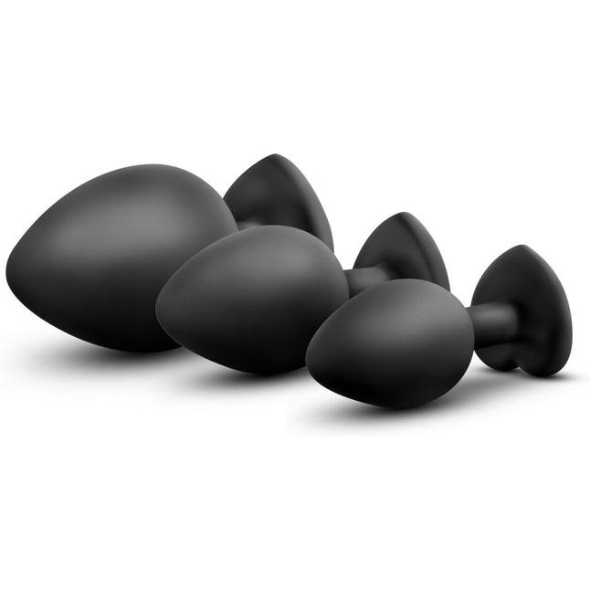 Набор из 3 черных пробок с прозрачным кристаллом-сердечком Bling Plugs Training Kit - Luxe. Фотография 2.