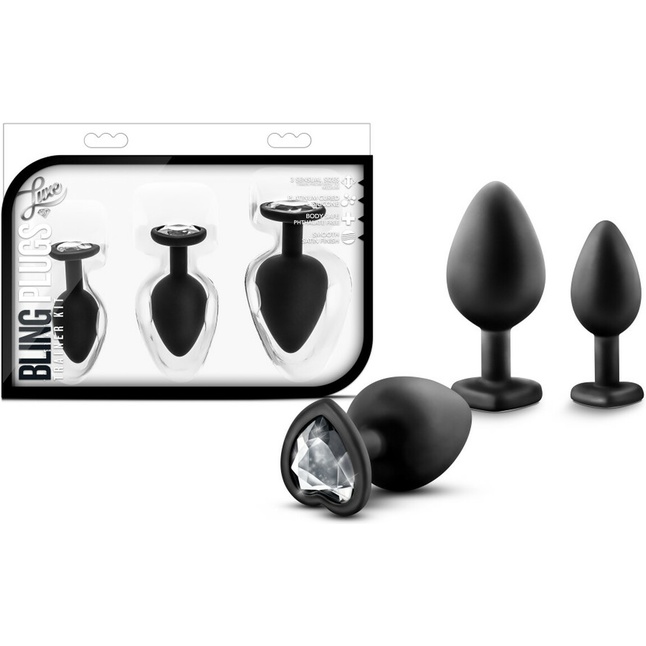 Набор из 3 черных пробок с прозрачным кристаллом-сердечком Bling Plugs Training Kit - Luxe. Фотография 5.