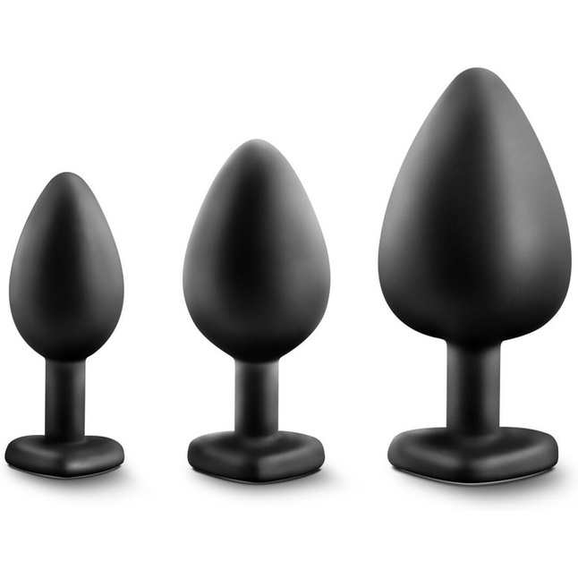 Набор из 3 черных пробок с прозрачным кристаллом-сердечком Bling Plugs Training Kit - Luxe