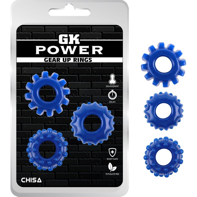 Набор из 3 синих эрекционных колец Gear Up Rings - GK Power