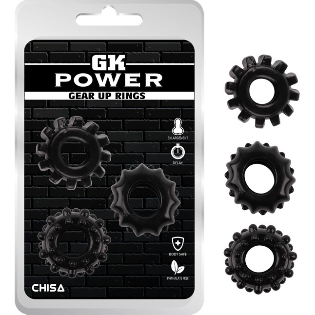 Набор из 3 черных эрекционных колец Gear Up Rings - GK Power