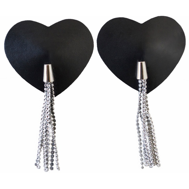 Черные полиуретновые пэстисы-сердечки с серебристыми кисточками. Фотография 2.