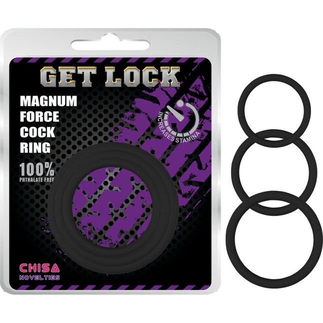 Набор из 3 черных эрекционных колец Magnum Force Cock Ring - Get Lock. Фотография 2.