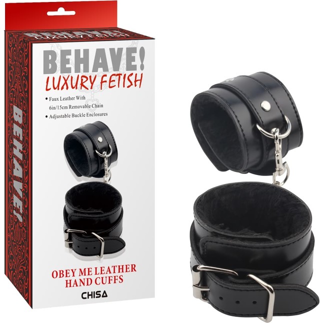 Черные наручники Obey Me Leather Hand Cuffs - Behave!. Фотография 3.