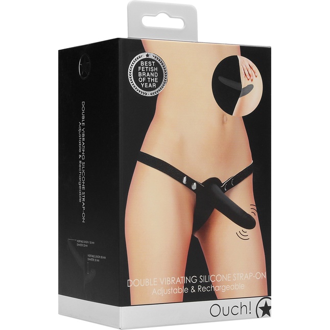 Черный двойной вибрострапон Double Vibrating Silicone Strap-On Adjustable - 15,5 см - Ouch!. Фотография 5.