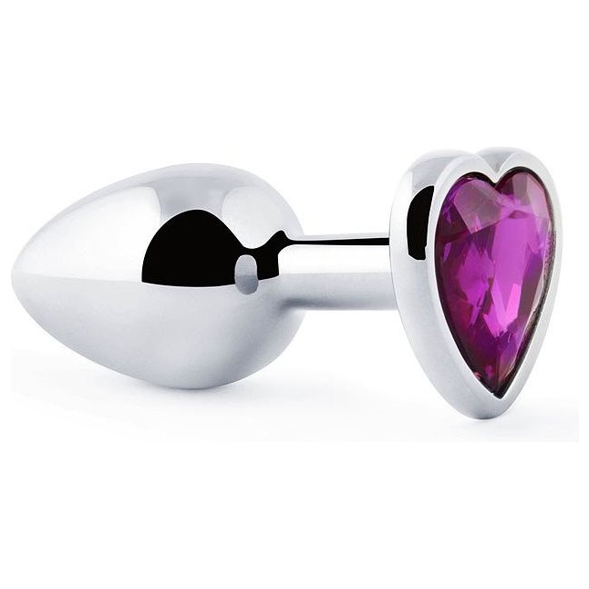 Серебристая анальная пробка с фиолетовым кристаллом-сердечком - 8 см