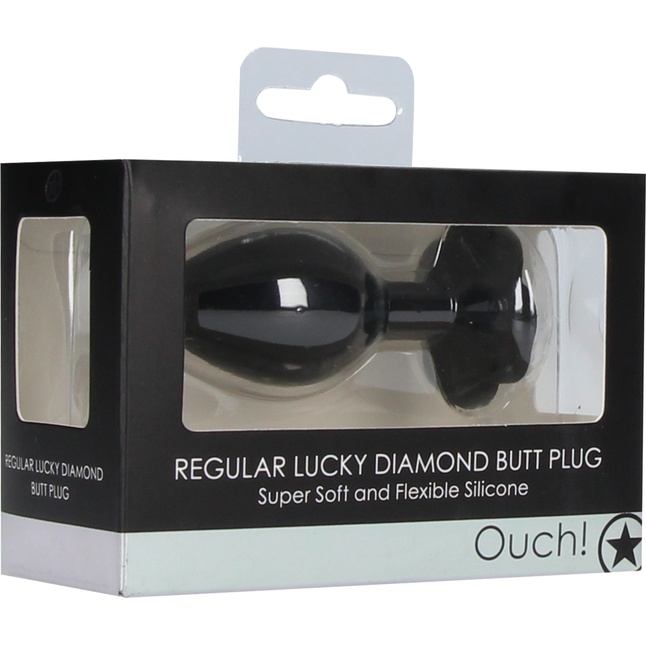 Черная анальная пробка с прозрачным кристаллом-клевером Regular Lucky Diamond Butt Plug - 7 см - Ouch!. Фотография 5.
