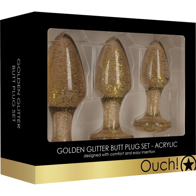 Набор из 3 золотистых анальных пробок Acrylic Goldchip Butt Plug Set - Ouch!. Фотография 5.