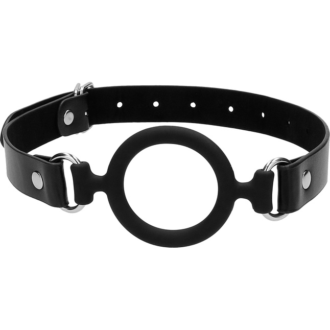 Черный кляп-кольцо с кожаными ремешками Silicone Ring Gag with Leather Straps - Ouch!