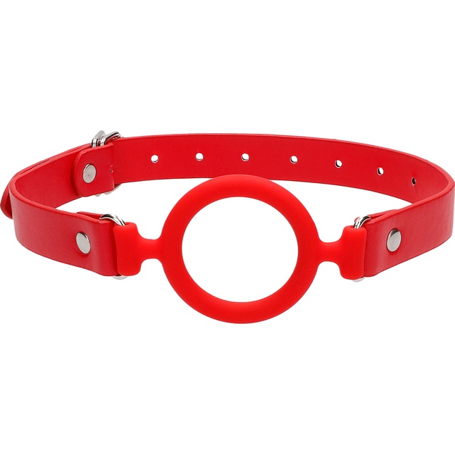 Красный кляп-кольцо с кожаными ремешками Silicone Ring Gag with Leather Straps - Ouch!