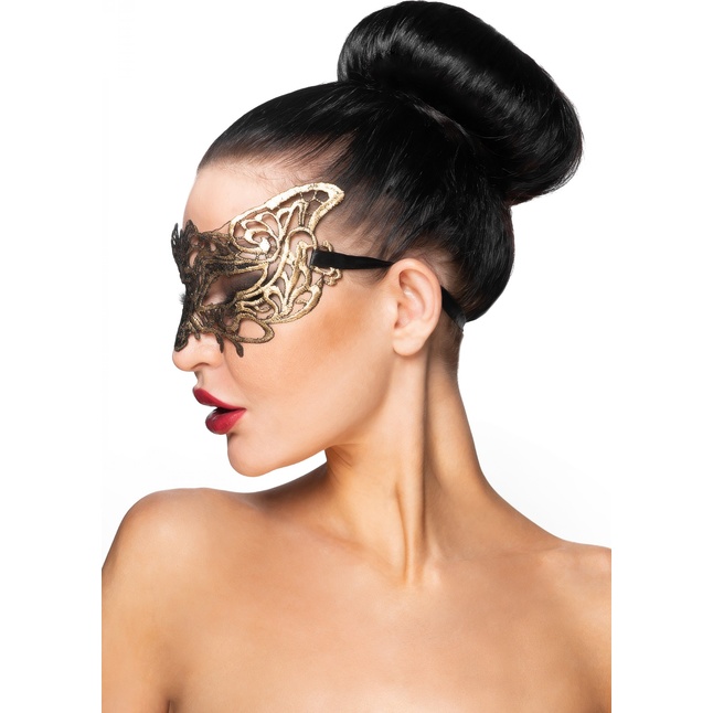 Золотистая карнавальная маска Беллатрикс - 963-ХХ - Карнавальные маски. Фотография 2.