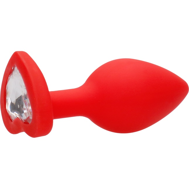 Красная анальная пробка с прозрачным стразом Large Ribbed Diamond Heart Plug - 8 см - Ouch!. Фотография 6.