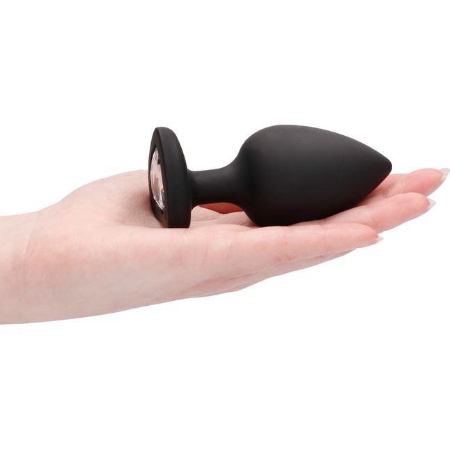 Черная анальная пробка с прозрачным стразом Extra Large Diamond Heart Butt Plug - 9,5 см - Ouch!. Фотография 2.