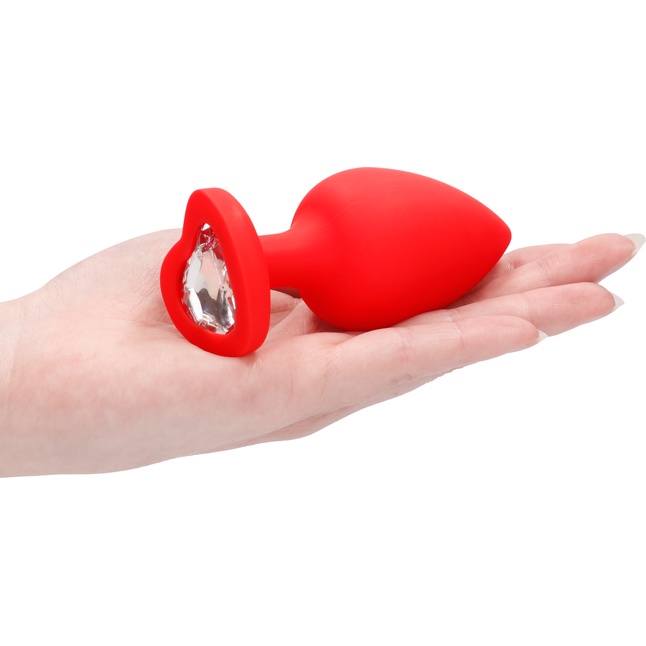 Красная анальная пробка с прозрачным стразом Extra Large Diamond Heart Butt Plug - 9,5 см - Ouch!. Фотография 4.