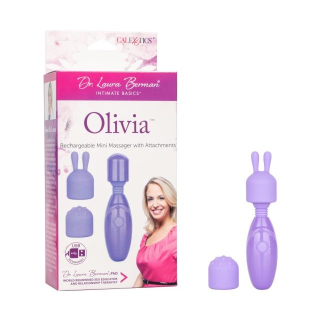 Фиолетовый мини-массажер Rechargeable Mini Massager with Attachments - Dr. Laura Berman Collection. Фотография 2.