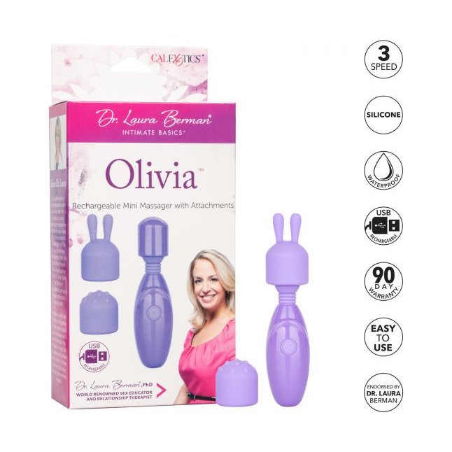 Фиолетовый мини-массажер Rechargeable Mini Massager with Attachments - Dr. Laura Berman Collection. Фотография 4.
