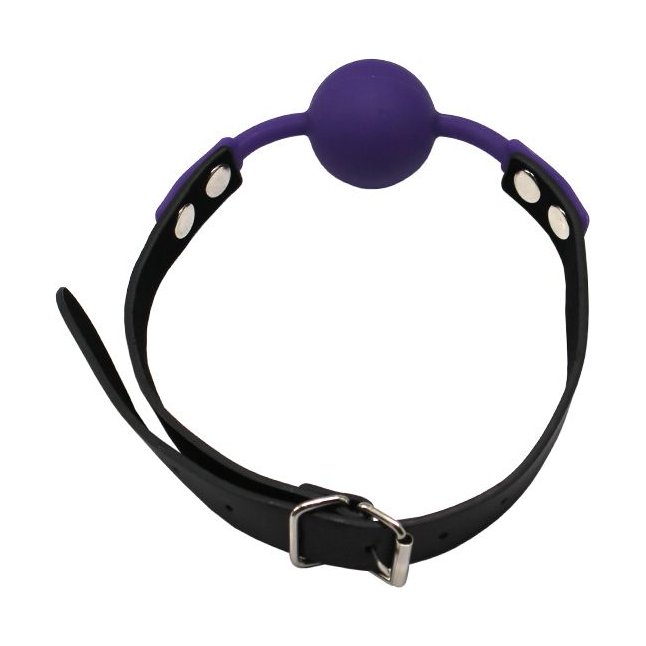 Фиолетовый силиконовый кляп-шарик на ремешках. Фотография 2.