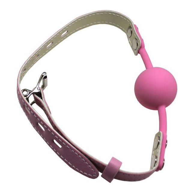 Розовый силиконовый кляп-шарик с фиксацией и замочком. Фотография 3.