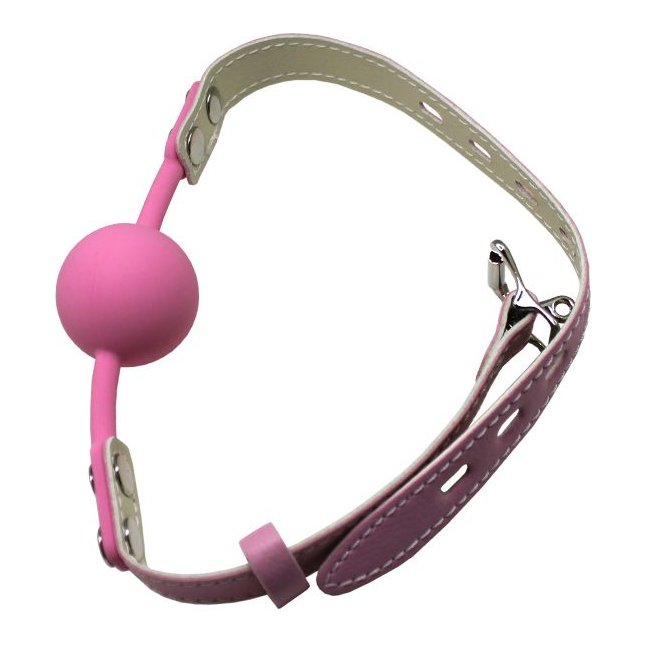 Розовый силиконовый кляп-шарик с фиксацией и замочком. Фотография 4.