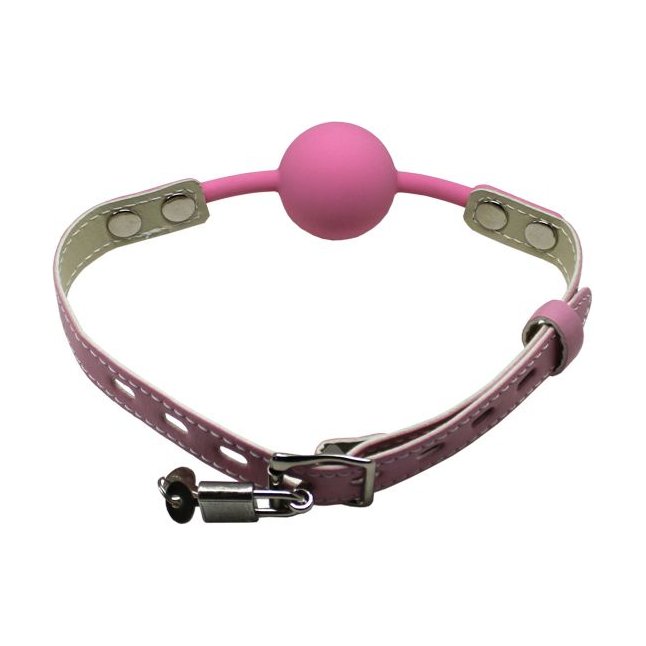 Розовый силиконовый кляп-шарик с фиксацией и замочком. Фотография 5.