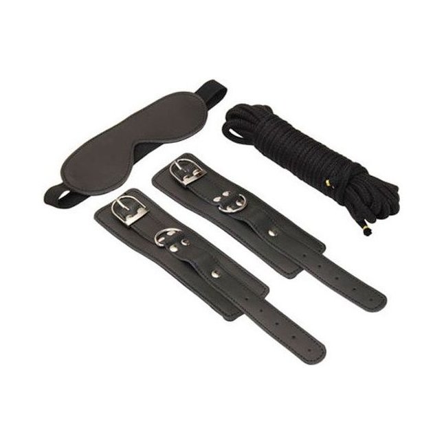 БДСМ-набор в черном цвете: закрытая маска, наручники, веревка для связывания