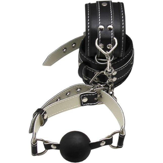 Пикантный БДСМ-набор на мягкой подкладке: наручники, поножи, ошейник с поводком, кляп. Фотография 5.