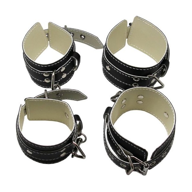 БДСМ-набор в черном цвете: наручники, поножи, ошейник с поводком, кляп. Фотография 5.