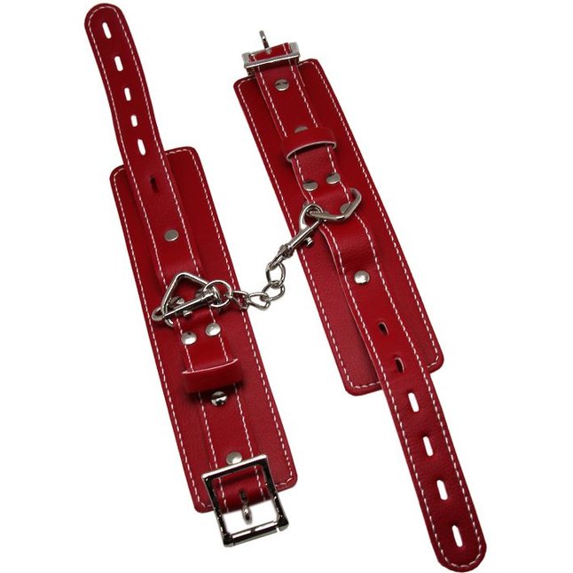 Красные регулируемые наручники с фиксацией на карабинах. Фотография 4.