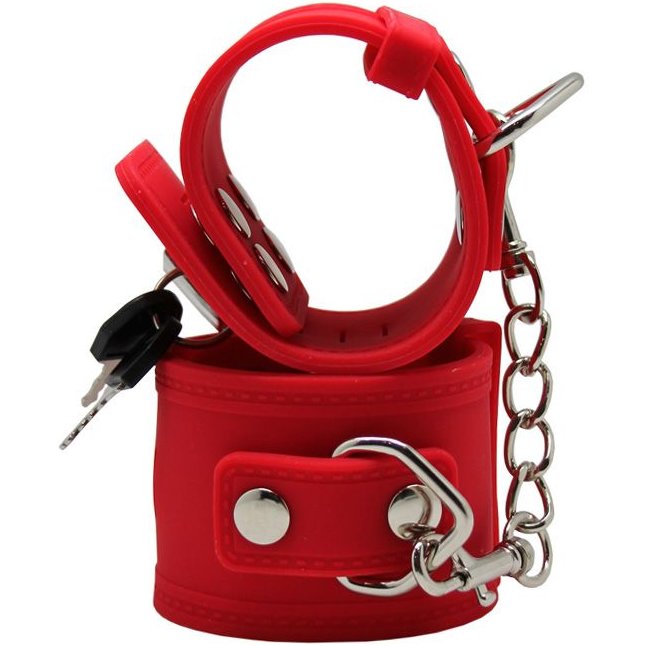 Красные силиконовые наручники с фиксацией и ключиком. Фотография 2.